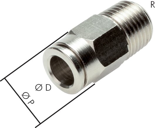 Exemplary representation: Push-in fitting with conical thread, nickel-plated brass